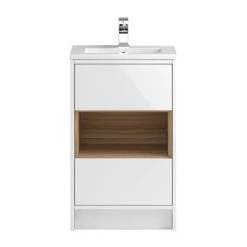 Hudson Reed Coast 500mm Floorstanding 2 Drawer Vanity Unit with Open Shelf & Basin - Gloss White/Coco Bolo