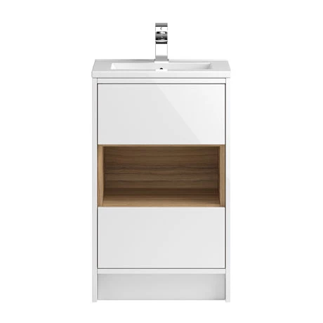 Hudson Reed Coast 500mm Floorstanding 2 Drawer Vanity Unit with Open Shelf & Basin - Gloss White/Coco Bolo 1 Hudson Reed Coast 500mm Floorstanding 2 Drawer Vanity Unit with Open Shelf & Basin - Gloss White/Coco Bolo