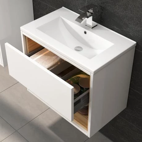 Hudson Reed Coast 600mm Wall Mounted Vanity Unit with Open Shelf & Basin - Gloss White/Coco Bolo 2 Hudson Reed Coast 600mm Wall Mounted Vanity Unit with Open Shelf & Basin - Gloss White/Coco Bolo - Image 2