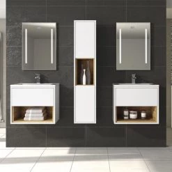 Hudson Reed Coast 600mm Wall Mounted Vanity Unit with Open Shelf & Basin - Gloss White/Coco Bolo 5 Hudson Reed Coast 600mm Wall Mounted Vanity Unit with Open Shelf & Basin - Gloss White/Coco Bolo -White Bathroom Furniture Shop A BM COWCB 5WMV D2 460 2