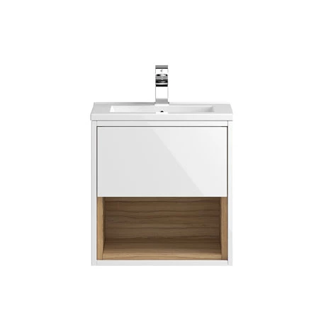 Hudson Reed Coast 500mm Wall Mounted Vanity Unit with Open Shelf & Basin - Gloss White/Coco Bolo 1 Hudson Reed Coast 500mm Wall Mounted Vanity Unit with Open Shelf & Basin - Gloss White/Coco Bolo