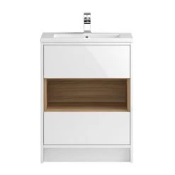 Hudson Reed Coast 600mm Floorstanding 2 Drawer Vanity Unit with Open Shelf & Basin - Gloss White/Coco Bolo