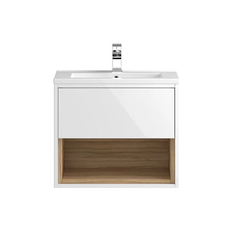 Hudson Reed Coast 600mm Wall Mounted Vanity Unit with Open Shelf & Basin - Gloss White/Coco Bolo 1 Hudson Reed Coast 600mm Wall Mounted Vanity Unit with Open Shelf & Basin - Gloss White/Coco Bolo