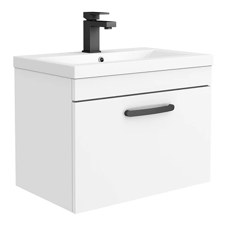 Brooklyn Wall Hung Vanity - Gloss White - 600mm Wide 1-Drawer inc. Matt Black Handle 1 Brooklyn Wall Hung Vanity - Gloss White - 600mm Wide 1-Drawer inc. Matt Black Handle