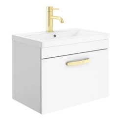 Brooklyn 600mm Gloss White Wall Hung 1-Drawer Vanity Unit with Brushed Brass Handle