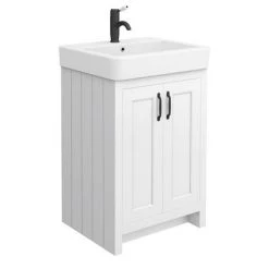 Chatsworth Traditional White Double Basin Vanity + Cupboard Combination Unit with Matt Black Handles -White Bathroom Furniture Shop CWHT142PKMB d2 460