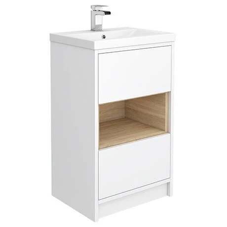 Haywood 500mm Gloss White / Natural Oak 2 Drawer Vanity Unit with Open Shelf + Ceramic Basin 1 Haywood 500mm Gloss White / Natural Oak 2 Drawer Vanity Unit with Open Shelf + Ceramic Basin