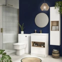 Haywood 600mm Gloss White / Natural Oak 2 Drawer Vanity Unit with Open Shelf + Ceramic Basin 7 Haywood 600mm Gloss White / Natural Oak 2 Drawer Vanity Unit with Open Shelf + Ceramic Basin -White Bathroom Furniture Shop HYWFS6 d2 460