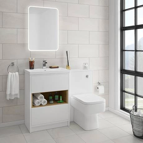 Haywood 600mm Gloss White / Natural Oak 2 Drawer Vanity Unit with Open Shelf + Ceramic Basin 3 Haywood 600mm Gloss White / Natural Oak 2 Drawer Vanity Unit with Open Shelf + Ceramic Basin - Image 3