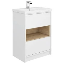 Haywood 600mm Gloss White / Natural Oak 2 Drawer Vanity Unit with Open Shelf + Ceramic Basin