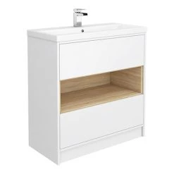 Haywood 800mm Gloss White / Natural Oak 2 Drawer Vanity Unit with Open Shelf + Ceramic Basin