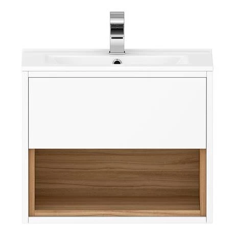 Haywood 500mm Gloss White / Natural Oak Wall Hung Vanity Unit with Open Shelf + Ceramic Basin 5 Haywood 500mm Gloss White / Natural Oak Wall Hung Vanity Unit with Open Shelf + Ceramic Basin - Image 5