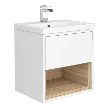 Haywood 500mm Gloss White / Natural Oak Wall Hung Vanity Unit with Open Shelf + Ceramic Basin 1 Haywood 500mm Gloss White / Natural Oak Wall Hung Vanity Unit with Open Shelf + Ceramic Basin