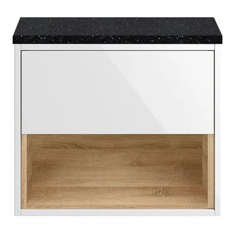 Haywood Gloss White / Natural Oak Wall Hung Countertop Vanity - 600mm w. Open Shelf + Black Worktop 2 Haywood Gloss White / Natural Oak Wall Hung Countertop Vanity - 600mm w. Open Shelf + Black Worktop - Image 2