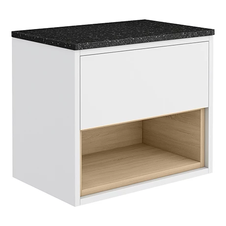 Haywood Gloss White / Natural Oak Wall Hung Countertop Vanity - 600mm w. Open Shelf + Black Worktop 1 Haywood Gloss White / Natural Oak Wall Hung Countertop Vanity - 600mm w. Open Shelf + Black Worktop