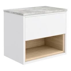 Haywood Gloss White / Natural Oak Wall Hung Countertop Vanity - 600mm w. Open Shelf + Bellato Grey Worktop