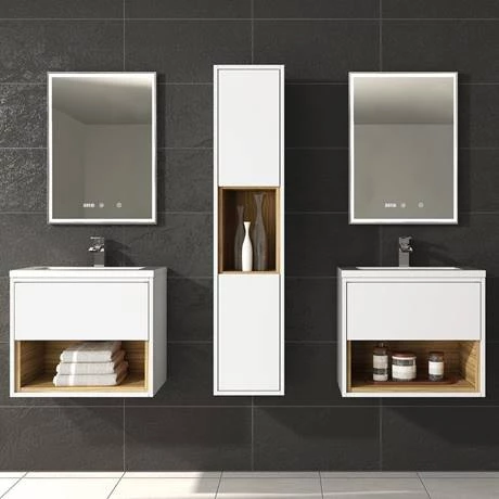Haywood 600mm Gloss White / Natural Oak Wall Hung Vanity Unit with Open Shelf + Ceramic Basin 3 Haywood 600mm Gloss White / Natural Oak Wall Hung Vanity Unit with Open Shelf + Ceramic Basin - Image 3