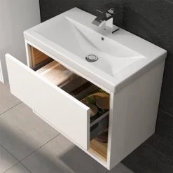 Haywood 600mm Gloss White / Natural Oak Wall Hung Vanity Unit with Open Shelf + Ceramic Basin 8 Haywood 600mm Gloss White / Natural Oak Wall Hung Vanity Unit with Open Shelf + Ceramic Basin -White Bathroom Furniture Shop HYWWH6 detail2n 460