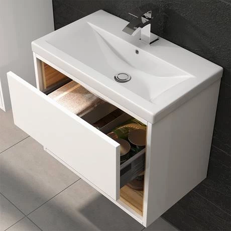 Haywood 600mm Gloss White / Natural Oak Wall Hung Vanity Unit with Open Shelf + Ceramic Basin 4 Haywood 600mm Gloss White / Natural Oak Wall Hung Vanity Unit with Open Shelf + Ceramic Basin - Image 4