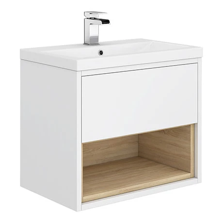 Haywood 600mm Gloss White / Natural Oak Wall Hung Vanity Unit with Open Shelf + Ceramic Basin 1 Haywood 600mm Gloss White / Natural Oak Wall Hung Vanity Unit with Open Shelf + Ceramic Basin