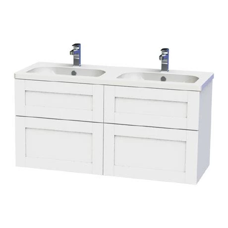 Miller London 120 Wall Hung Four Drawer Vanity Unit + Double Basin (White) 1 Miller London 120 Wall Hung Four Drawer Vanity Unit + Double Basin (White)