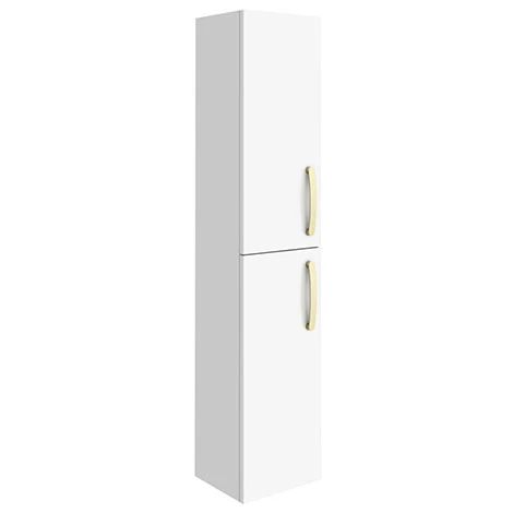 Brooklyn Gloss White Wall Hung Tall Storage Cabinet with Brushed Brass Handles 1 Brooklyn Gloss White Wall Hung Tall Storage Cabinet with Brushed Brass Handles
