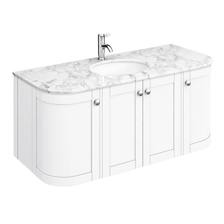 Period Bathroom Co. 1220mm Curved Wall Hung Vanity with White Marble Basin Top - White 1 Period Bathroom Co. 1220mm Curved Wall Hung Vanity with White Marble Basin Top - White