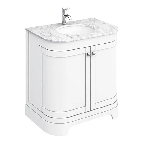 Period Bathroom Co. 820mm Curved Vanity Unit with White Marble Basin Top - White 1 Period Bathroom Co. 820mm Curved Vanity Unit with White Marble Basin Top - White