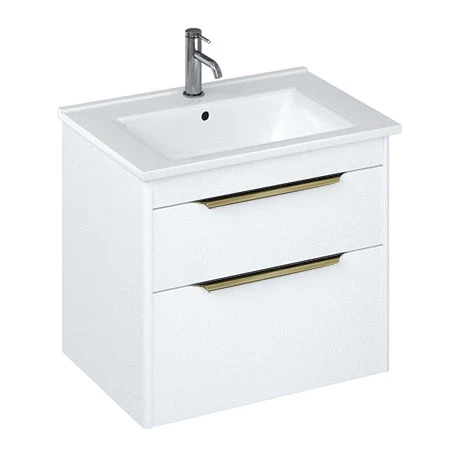 Britton Shoreditch 650mm Wall-Hung Double Drawer Vanity Unit with Brass Handles - Matt White 1 Britton Shoreditch 650mm Wall-Hung Double Drawer Vanity Unit with Brass Handles - Matt White