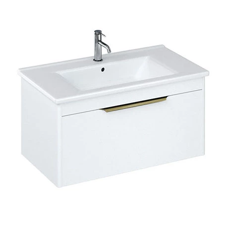 Britton Shoreditch 850mm Wall-Hung Single Drawer Vanity Unit with Brass Handle - Matt White 1 Britton Shoreditch 850mm Wall-Hung Single Drawer Vanity Unit with Brass Handle - Matt White