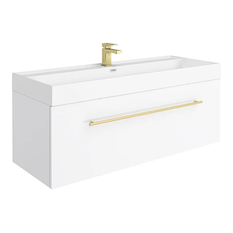 Valencia 1200 Gloss White Minimalist Wall Hung Vanity Unit with Brass Handle 1 Valencia 1200 Gloss White Minimalist Wall Hung Vanity Unit with Brass Handle