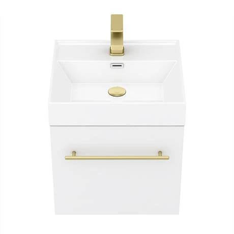 Valencia 450 Gloss White Minimalist Wall Hung Vanity Unit with Brass Handle 3 Valencia 450 Gloss White Minimalist Wall Hung Vanity Unit with Brass Handle - Image 3