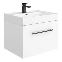 Valencia 600 Gloss White Minimalist Wall Hung Vanity Unit with Matt Black Handle