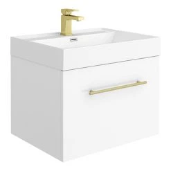 Valencia 600 Gloss White Minimalist Wall Hung Vanity Unit with Brass Handle
