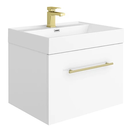 Valencia 600 Gloss White Minimalist Wall Hung Vanity Unit with Brass Handle 1 Valencia 600 Gloss White Minimalist Wall Hung Vanity Unit with Brass Handle