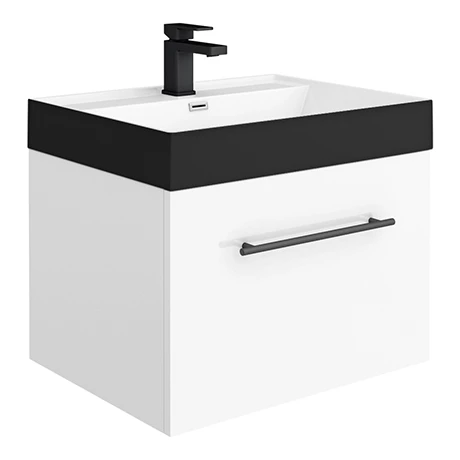 Valencia Wall Hung Vanity Unit - Gloss White - 600mm with Black Handle and Basin 1 Valencia Wall Hung Vanity Unit - Gloss White - 600mm with Black Handle and Basin
