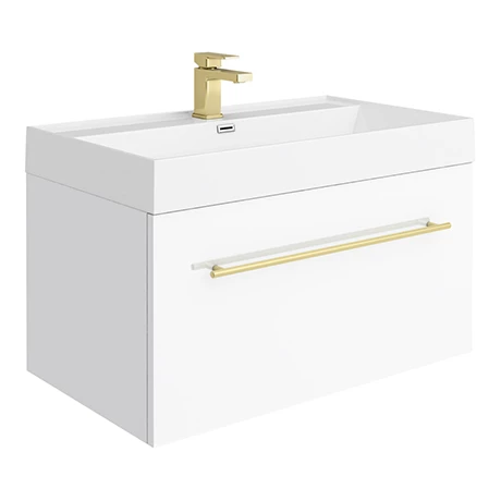 Valencia 800 Gloss White Minimalist Wall Hung Vanity Unit with Brass Handle 1 Valencia 800 Gloss White Minimalist Wall Hung Vanity Unit with Brass Handle