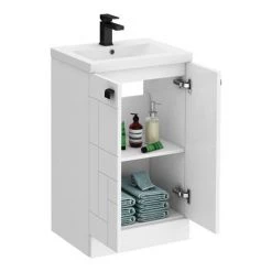 Venice Abstract 500mm White Vanity Unit - Floor Standing 2 Door Unit with Matt Black Square Drop Handles -White Bathroom Furniture Shop VAFS500WHIBLK d3 460