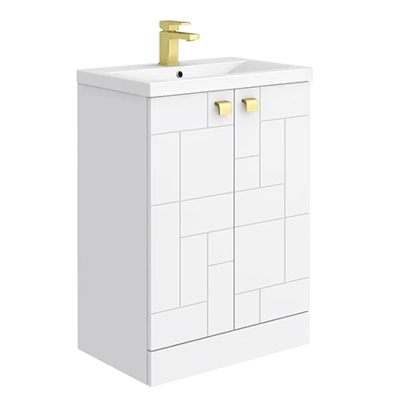 Venice Abstract 600mm White Vanity Unit - Floor Standing with Brushed Brass Handles 1 Venice Abstract 600mm White Vanity Unit - Floor Standing with Brushed Brass Handles