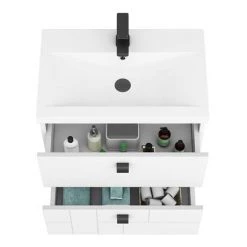 Venice Abstract 600mm White Vanity Unit - Wall Hung 2 Drawer Unit with Matt Black Square Drop Handles -White Bathroom Furniture Shop VAWH600WHIBLK d4 460