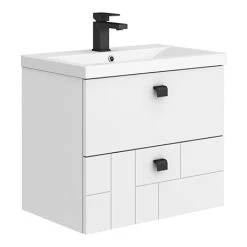 Venice Abstract 600mm White Vanity Unit - Wall Hung 2 Drawer Unit with Matt Black Square Drop Handles