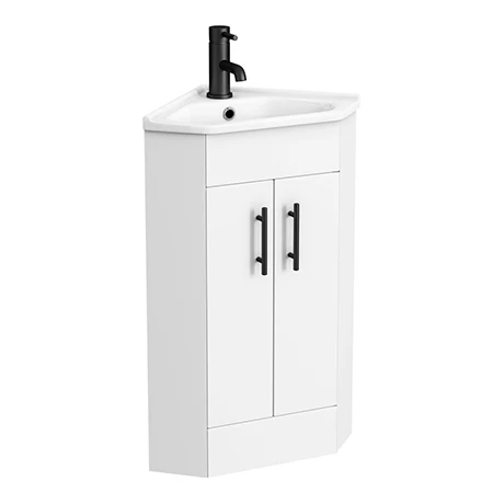 Venice Corner Vanity Unit - Gloss White - 590mm with Black Handles 1 Venice Corner Vanity Unit - Gloss White - 590mm with Black Handles