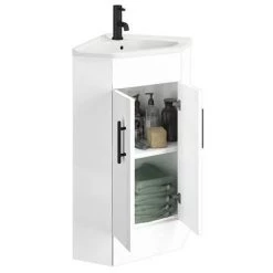 Venice Corner Vanity Unit - Gloss White - 590mm with Black Handles 7 Venice Corner Vanity Unit - Gloss White - 590mm with Black Handles -White Bathroom Furniture Shop VB001 d3 460