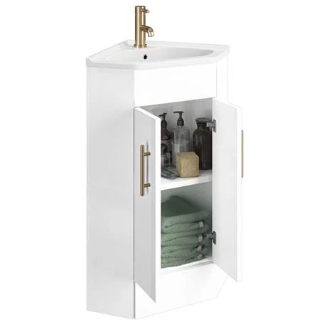 Venice Corner Vanity Unit - Gloss White - 590mm with Brushed Brass Handles 3 Venice Corner Vanity Unit - Gloss White - 590mm with Brushed Brass Handles - Image 3