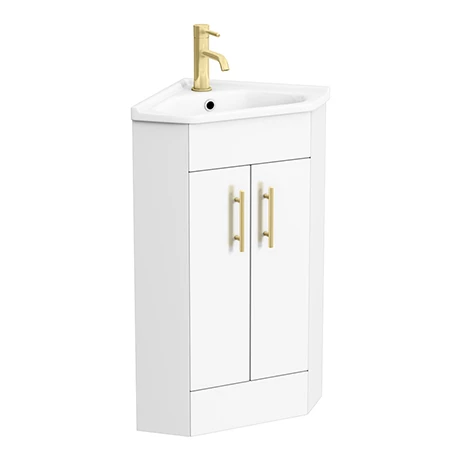 Venice Corner Vanity Unit - Gloss White - 590mm with Brushed Brass Handles 1 Venice Corner Vanity Unit - Gloss White - 590mm with Brushed Brass Handles