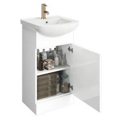 Venice 460 Gloss White Vanity with Brushed Brass Handle (Unit Depth 300mm) 7 Venice 460 Gloss White Vanity with Brushed Brass Handle (Unit Depth 300mm) -White Bathroom Furniture Shop VBB450 d3 460