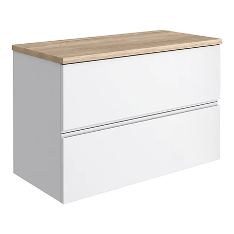 Venice Linea 800mm Satin White Vanity - Wall Hung 2 Drawer Unit with Rustic Oak Worktop 1 Venice Linea 800mm Satin White Vanity - Wall Hung 2 Drawer Unit with Rustic Oak Worktop
