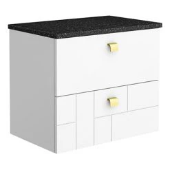 Venice Abstract 600mm White Vanity Unit - Wall Hung 2 Drawer Unit with Black Worktop & Brushed Brass Handles