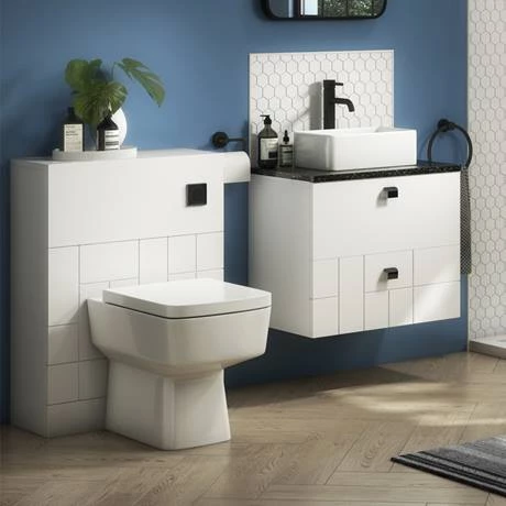 Venice Abstract 600mm White Vanity - Wall Hung 2 Drawer Unit with Black Worktop & Matt Black Handles 5 Venice Abstract 600mm White Vanity - Wall Hung 2 Drawer Unit with Black Worktop & Matt Black Handles - Image 5