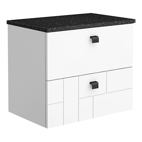 Venice Abstract 600mm White Vanity - Wall Hung 2 Drawer Unit with Black Worktop & Matt Black Handles 1 Venice Abstract 600mm White Vanity - Wall Hung 2 Drawer Unit with Black Worktop & Matt Black Handles